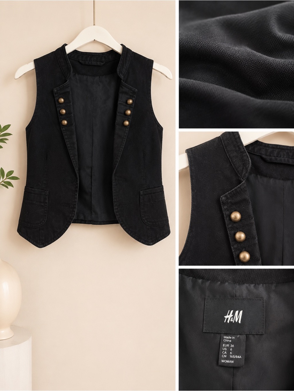 H&M Black Military-Style Buttoned Vest
